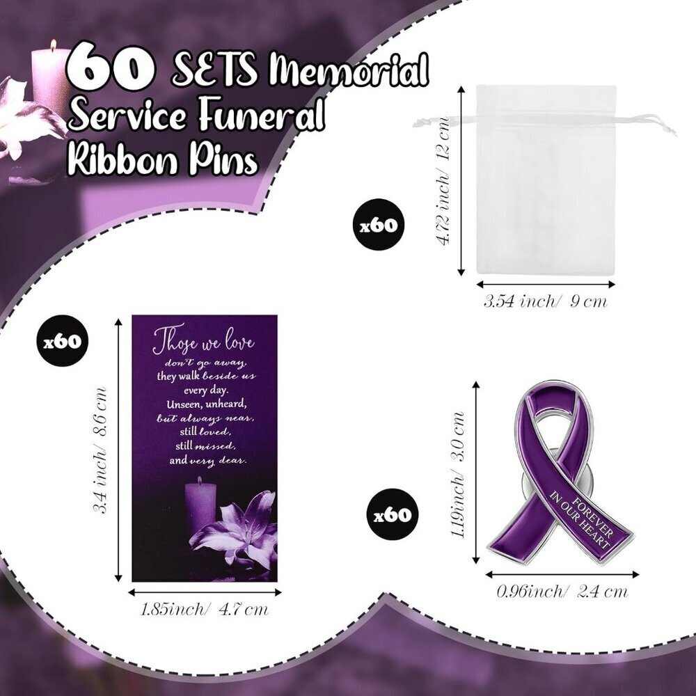 Funeral Awareness Lapel Pins 60 Pack Purple Ribbon Brooches with Prayer Cards - Picture 2 of 6
